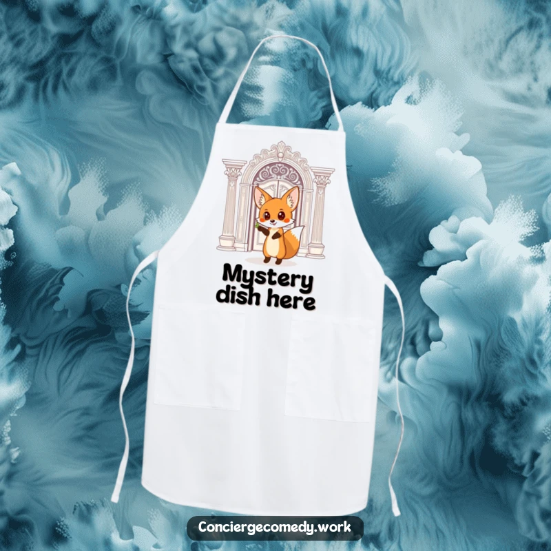 Funny Apron: A curious fox with wide eyes points towards a grand, ornate doorway, perfect for the kitchen.
