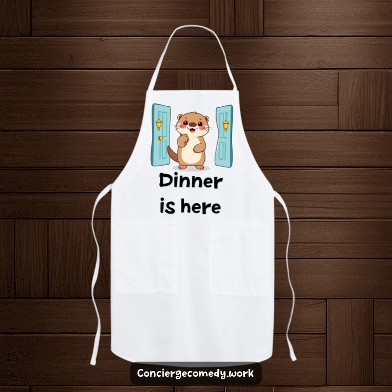 Funny otter apron, smiling creature pointing to an entrance, chef gear that's humorous and practical, ideal gift.