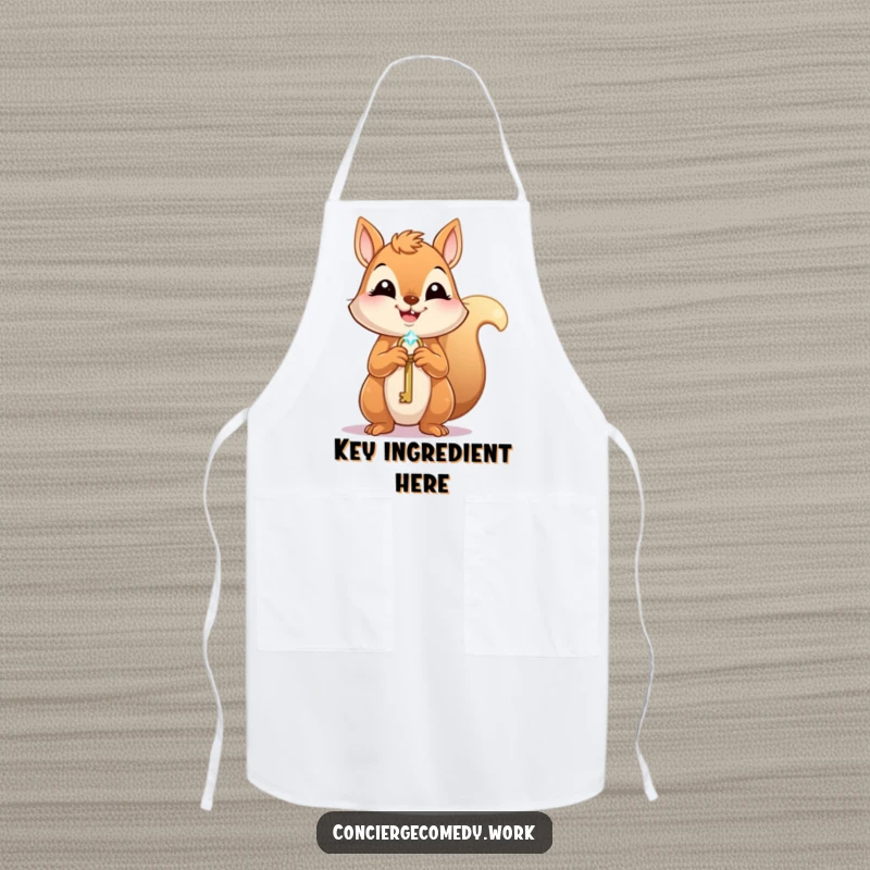 Funny Apron: A joyful squirrel holds a tiny, sparkling key, its eager expression hinting at culinary success.