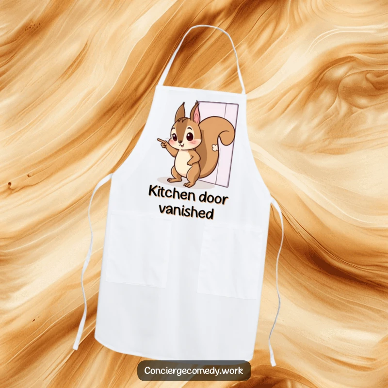 Funny apron showing a curious squirrel tiptoeing, pointing to an invisible door. Practical kitchen wear with a humorous twist.