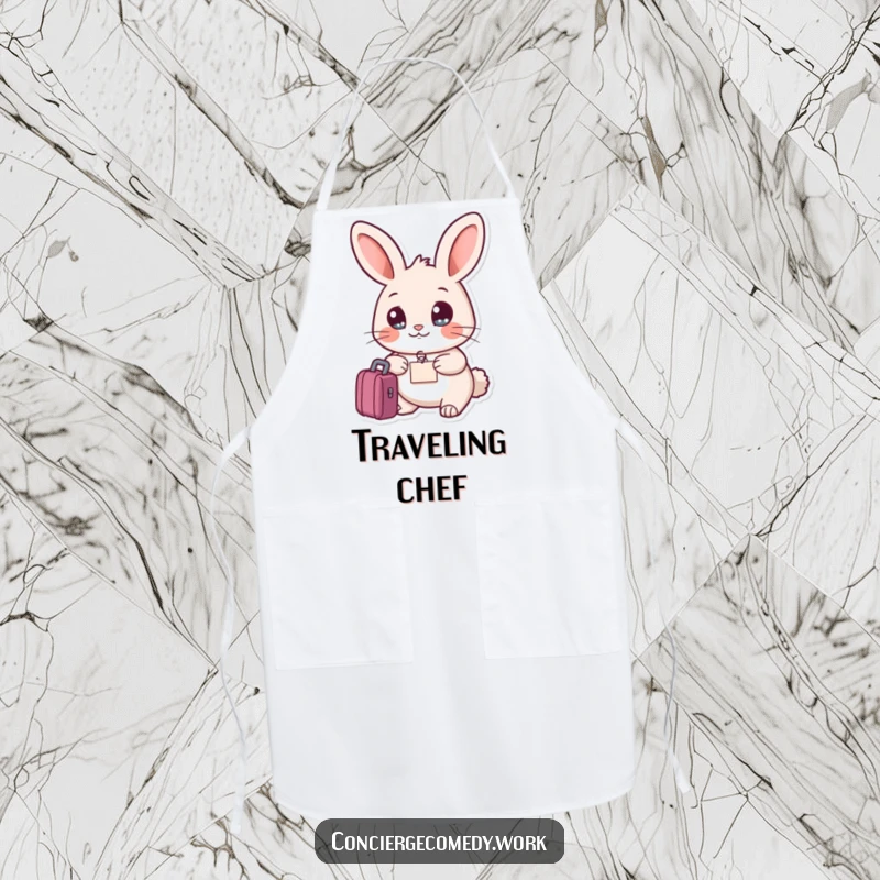 Funny friendly rabbit apron holding a small luggage tag, bright eyes, protective and humorous kitchen wear.