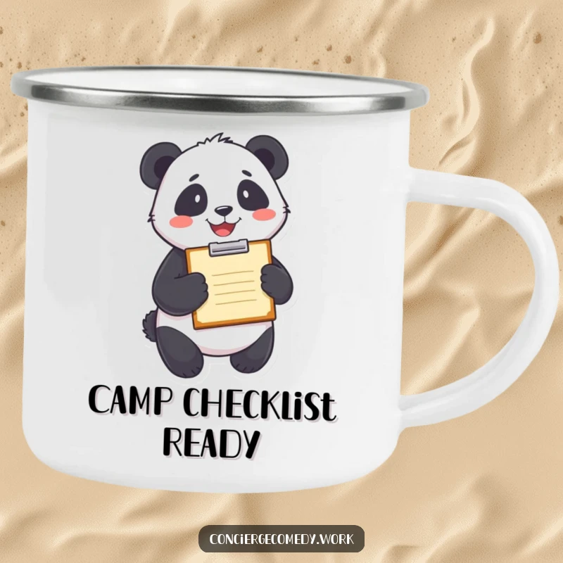 Funny panda holding a clipboard with a smile, depicted on a durable camping mug.