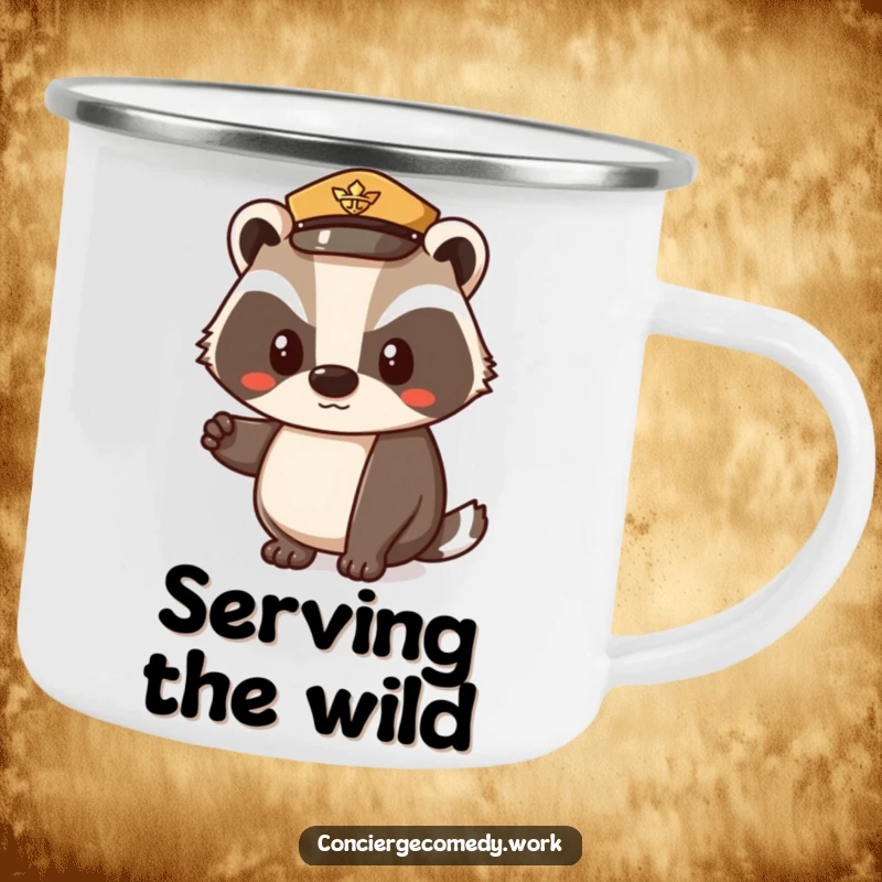 Funny camping mug featuring a determined badger in a uniform hat, nodding politely. Durable and humorous outdoor drinkware.