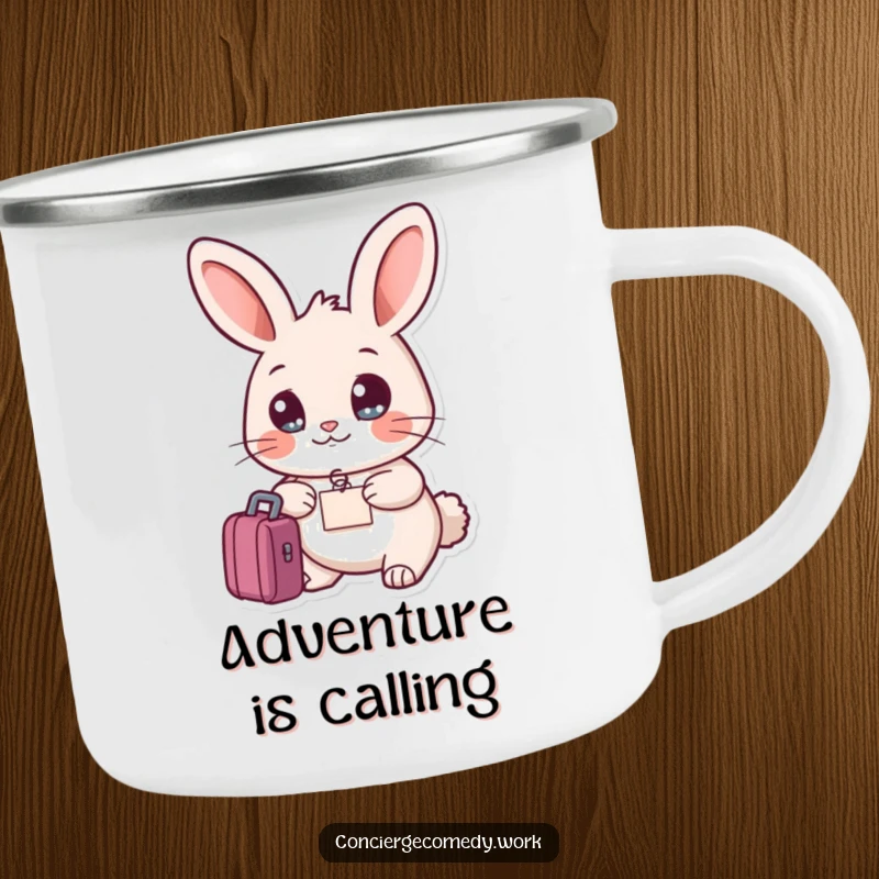 Funny friendly rabbit camping mug holding a luggage tag, bright eyes, humorous outdoor accessory.