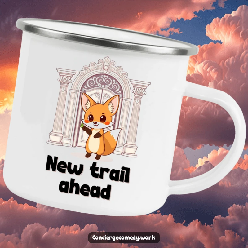 Funny Camping Mug: A curious fox with wide eyes points towards a grand, ornate doorway, ready for the trail.
