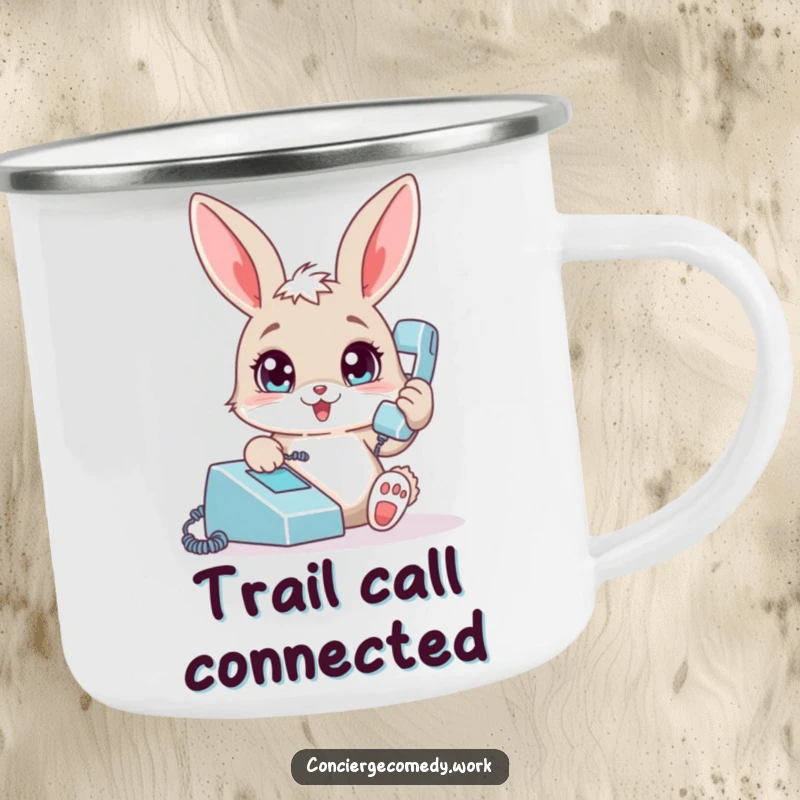 Funny bunny camping mug, enamel cup with a playful rabbit answering phone, outdoorsy and humorous gift.