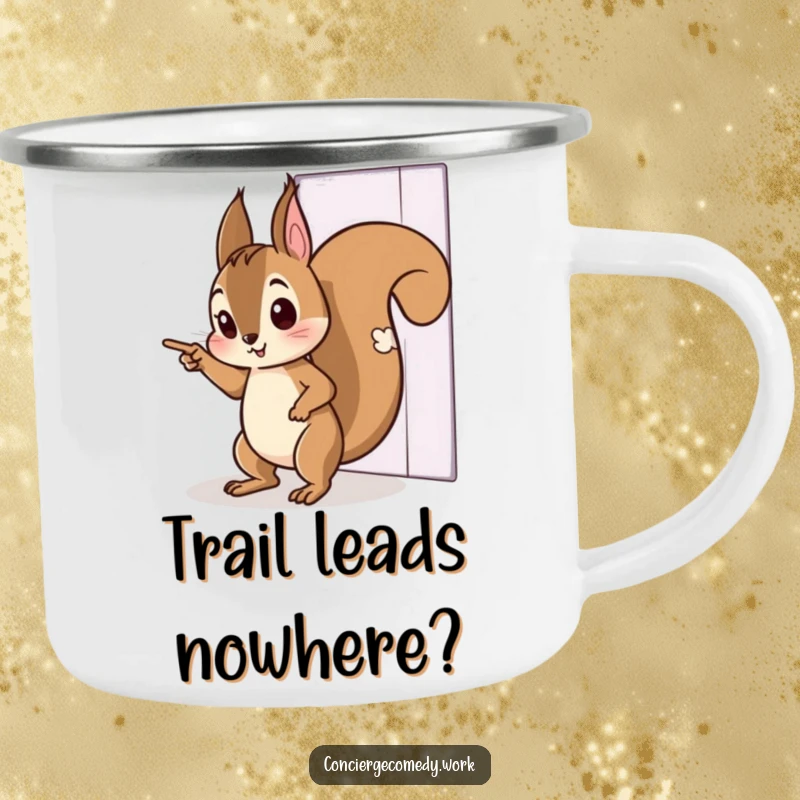 Funny camping mug featuring a curious squirrel tiptoeing and pointing towards an invisible door. Durable and humorous outdoor drinkware.