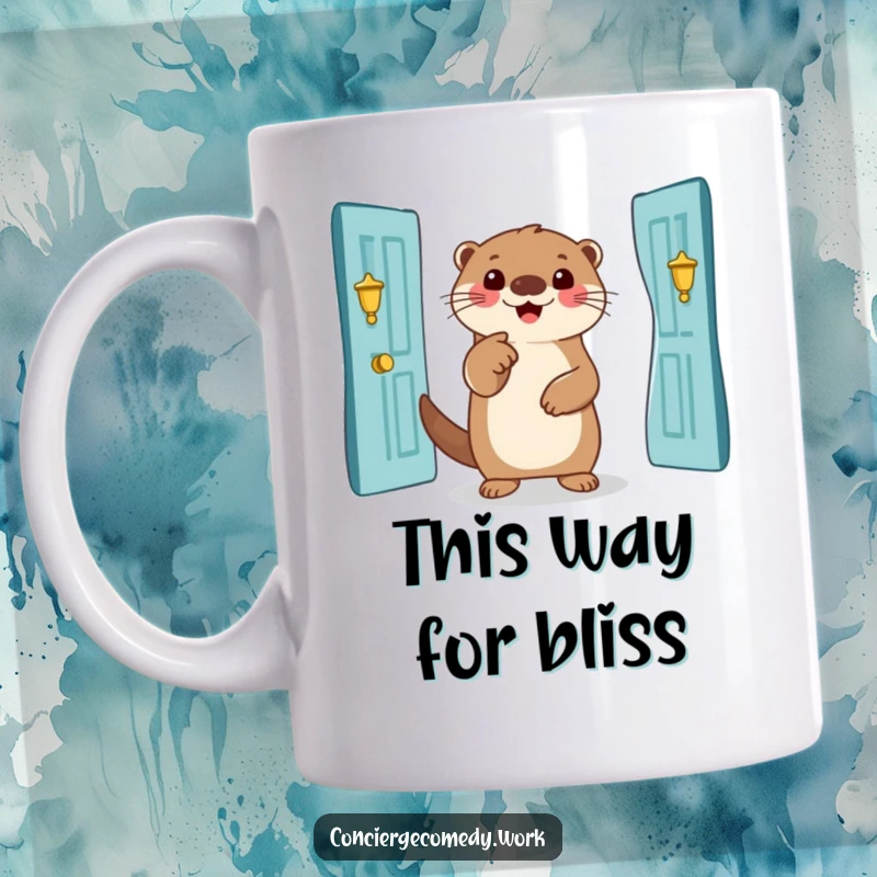 Funny otter mug, smiling creature pointing towards a grand entrance, welcoming and humorous ceramic cup.
