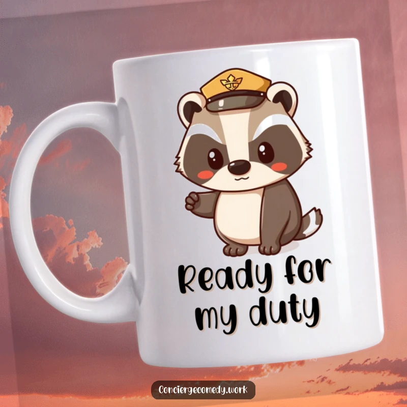 Funny mug featuring a determined badger in a small uniform hat, politely nodding with a serious expression. Perfect gift for badger lovers.