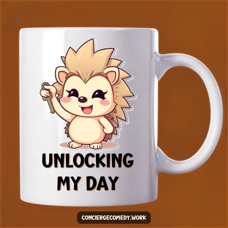 Funny Cheerful Hedgehog Key Mug Gift, Optimistic Character Ceramic Cup