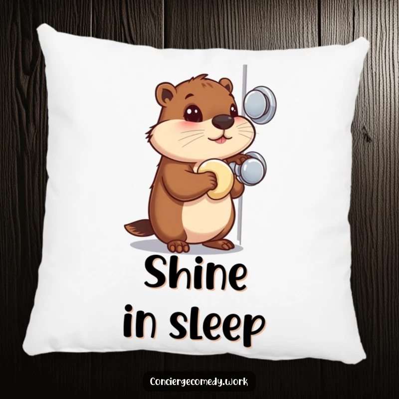 Funny Pillow: A busy beaver with a focused gaze polishes a shiny doorknob, bringing calm focus.