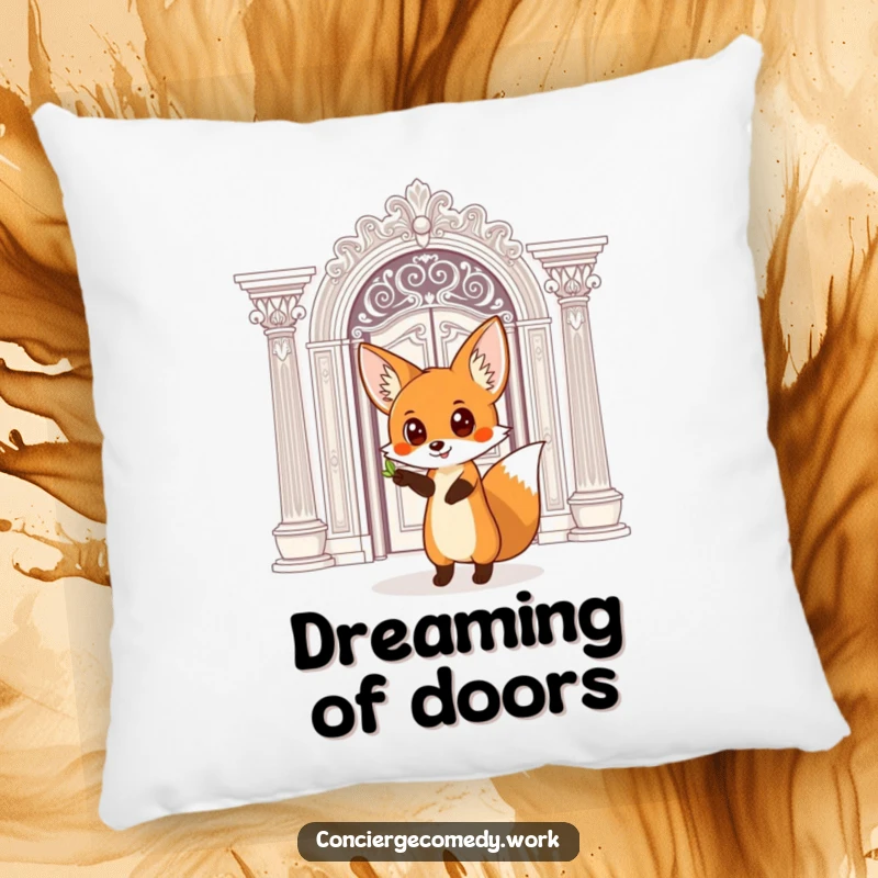 Funny Pillow: A curious fox with wide eyes points towards an ornate doorway, inspiring dreams.