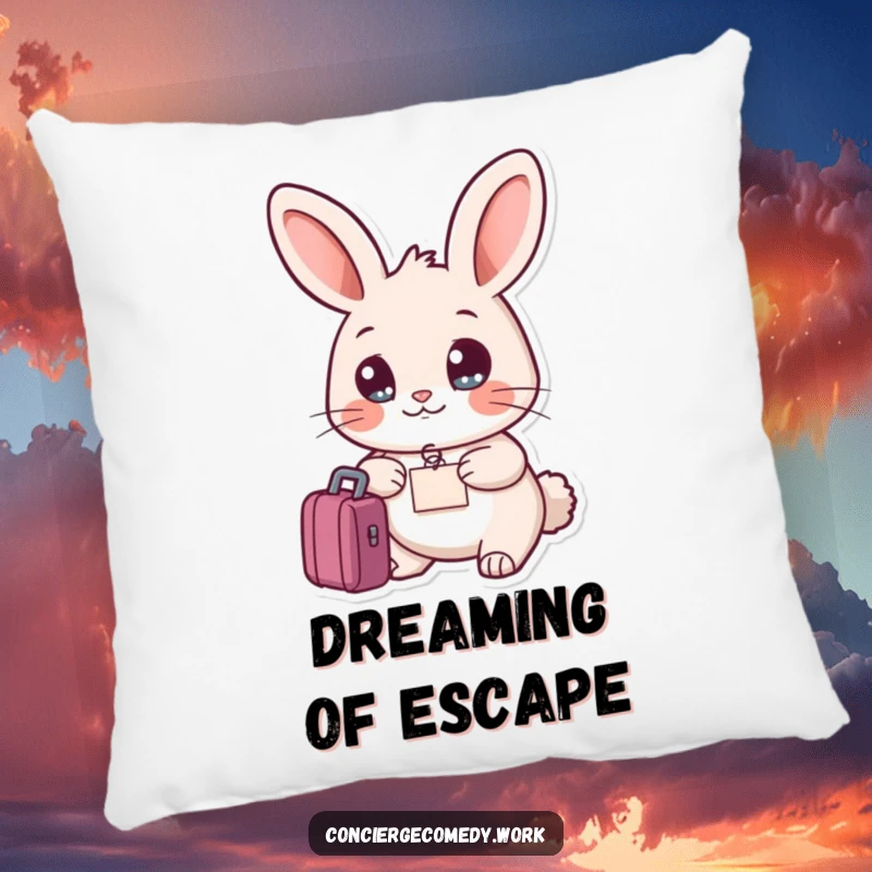 Funny friendly rabbit pillow holding a luggage tag, bright eyes, soft and adventurous decorative item.