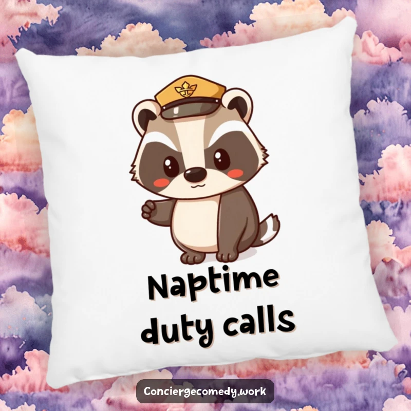 Funny pillow with a determined badger in a small uniform hat, offering a polite nod. Soft and decorative home accent.