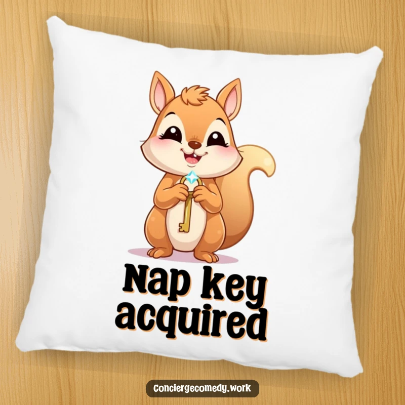Funny Pillow: A joyful squirrel holds a tiny, sparkling key, its eager expression radiating happiness and excitement.