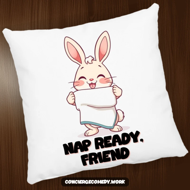 Funny Pillow: An energetic bunny with a friendly smile presents a neatly folded towel, adding a cute touch.