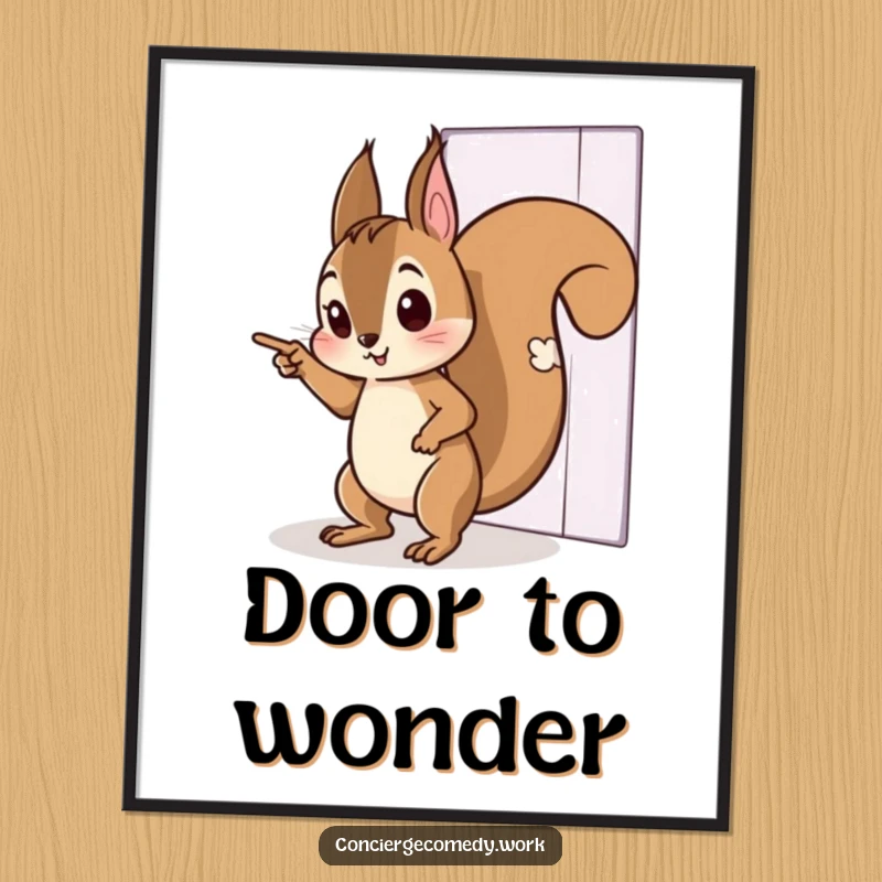 Funny digital art print of a curious squirrel character tiptoeing and pointing towards an invisible door. Instant download for whimsical decor.