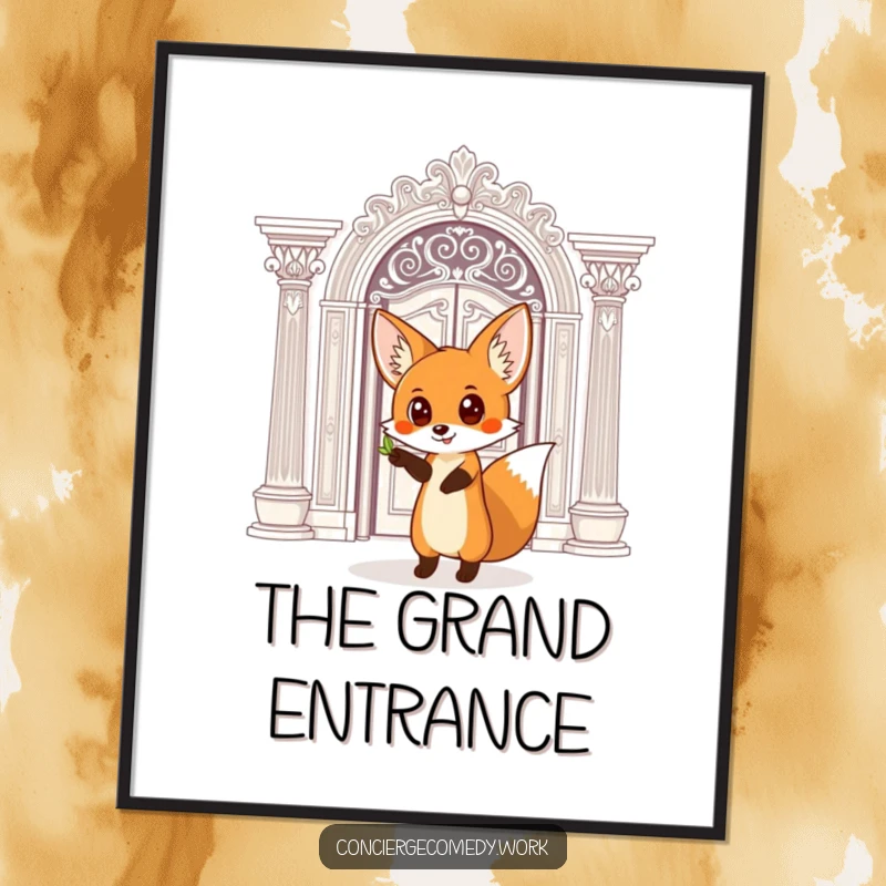 Funny Digital Art: A curious fox with wide eyes points towards a grand, ornate doorway, ready for display.