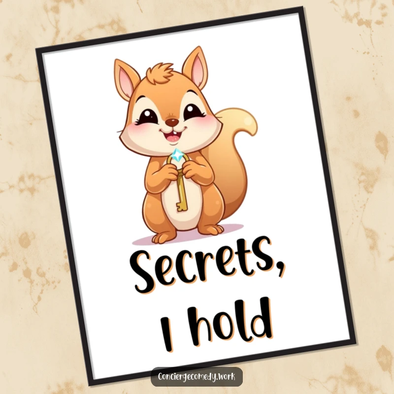 Funny Digital Art: A joyful squirrel holds a tiny, sparkling key, its eager expression ready to adorn your walls.
