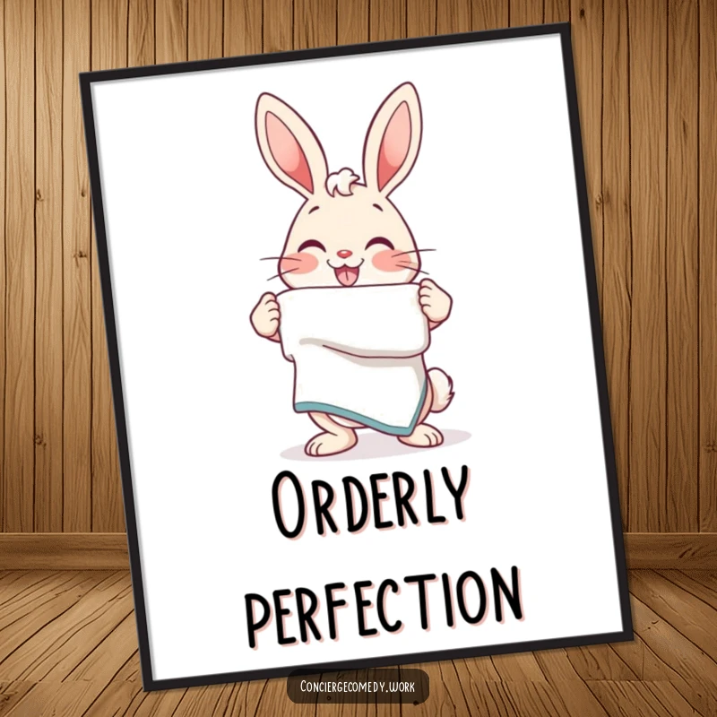 Funny Digital Art: An energetic bunny with a friendly smile offers a neatly folded towel, ready to decorate.