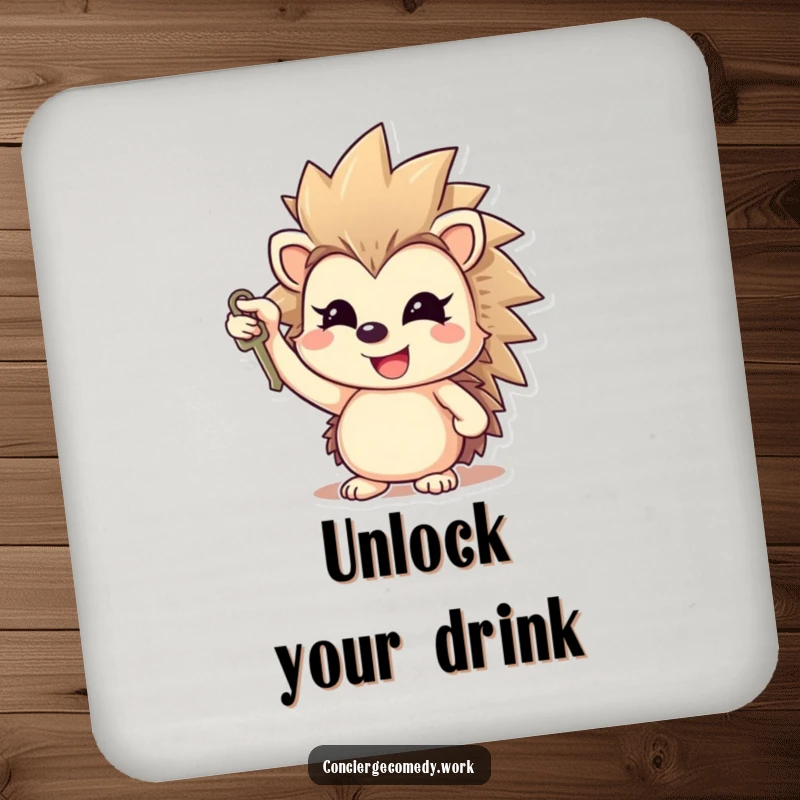 Funny cheerful hedgehog drink coaster holding a key, gleaming smile, a protective and amusing accessory.