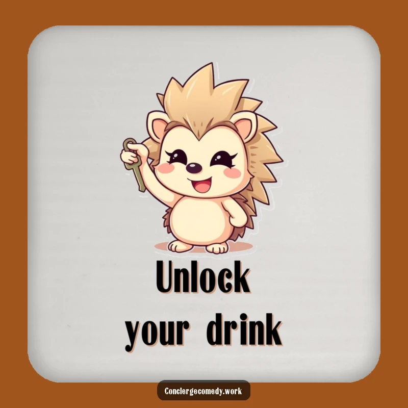 Funny Cheerful Hedgehog Drink Coaster, Optimism Decor, Hilarious Gift Set