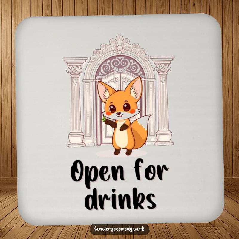 Funny Drink Coaster: A curious fox with wide eyes points towards an ornate doorway, adding charm.