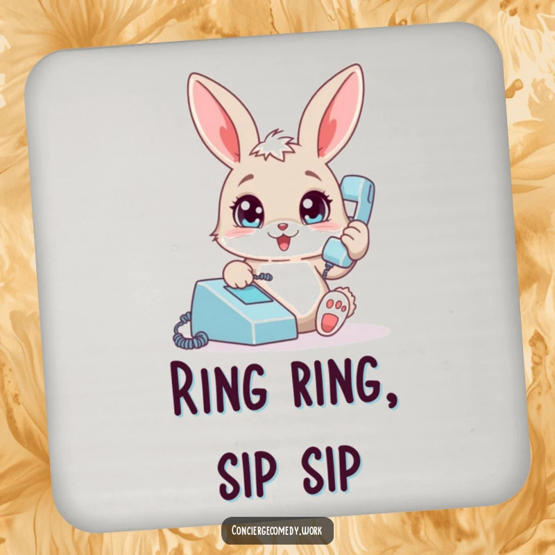 Funny bunny coaster, protects surfaces, playful rabbit answering phone, cute and humorous drink accessory.