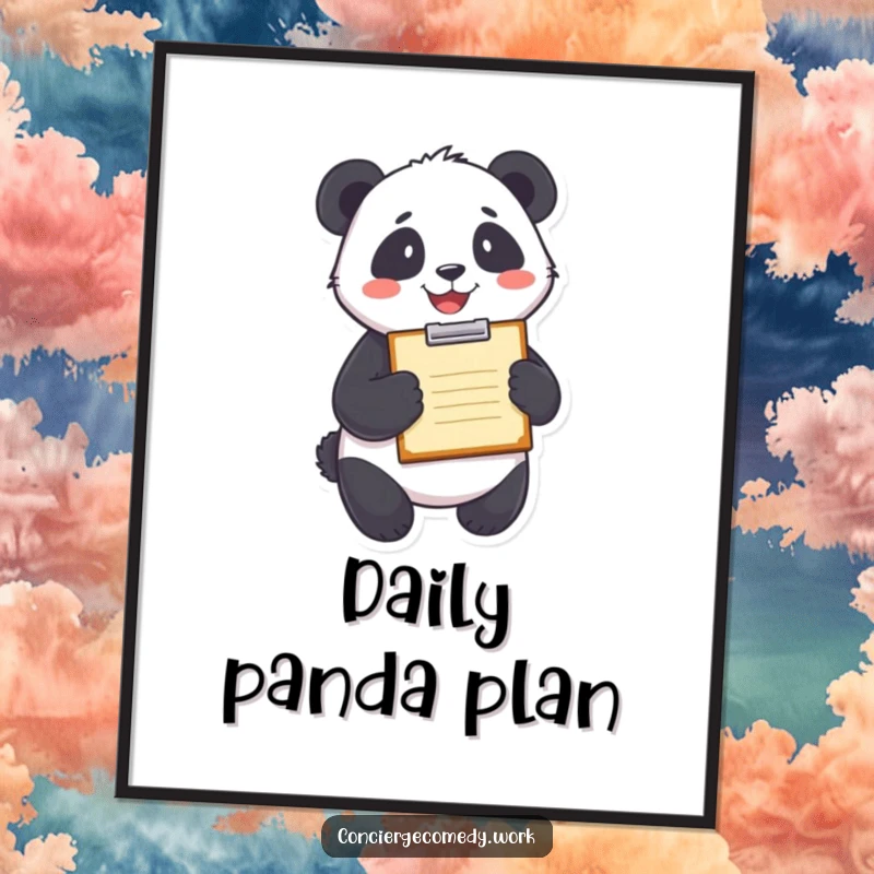 Funny delighted panda holding a clipboard with a wide smile, displayed as a whimsical poster.