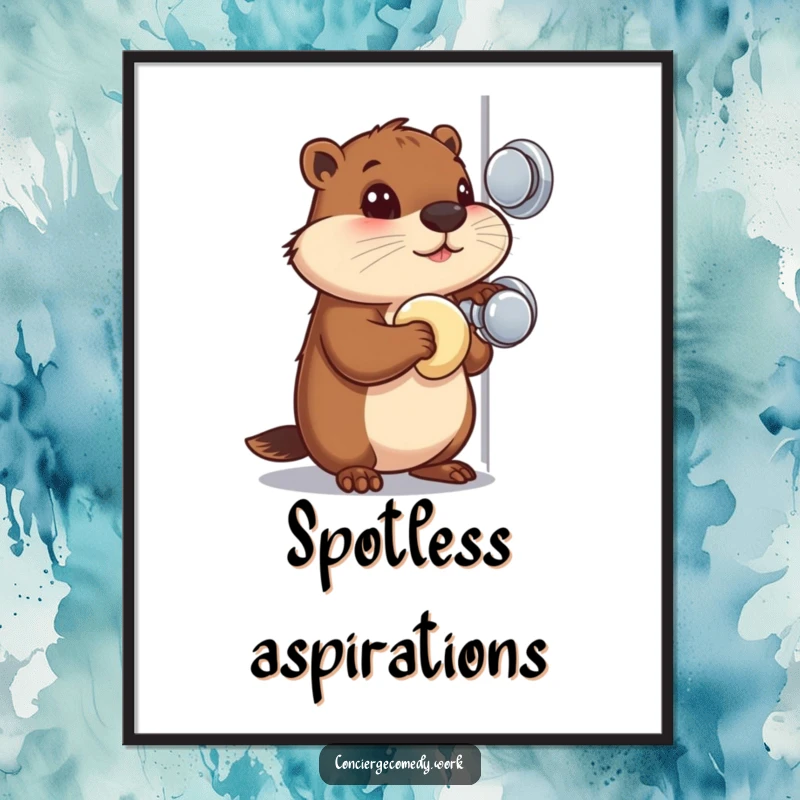 Funny Poster: A busy beaver with a focused gaze meticulously polishes a shiny doorknob, celebrating effort.