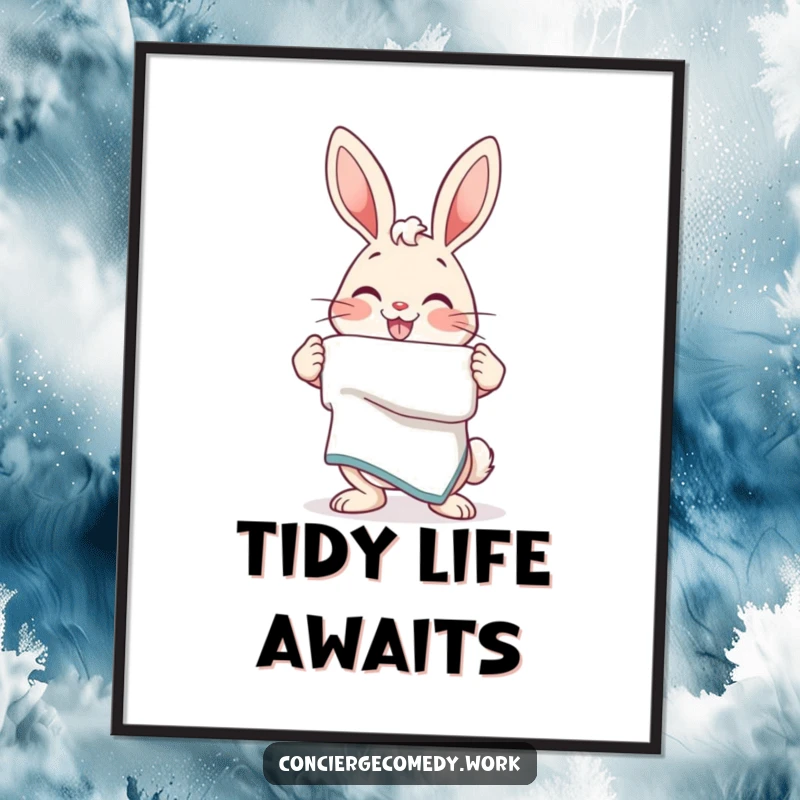 Funny Poster: An energetic bunny with a friendly smile offers a neatly folded towel, radiating helpfulness and charm.