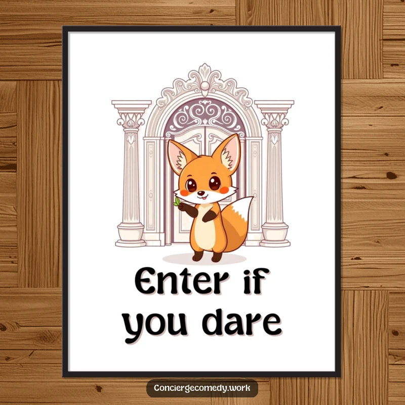 Funny Poster: A curious fox with wide eyes points towards a grand, ornate doorway, inviting viewers to explore.