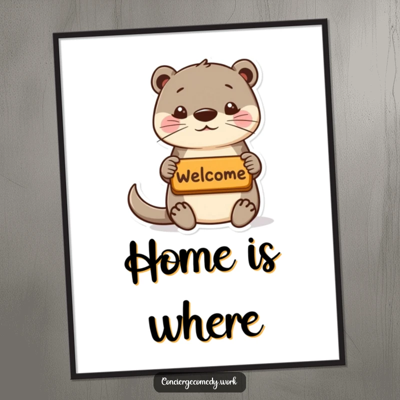 Funny playful otter poster offering a tiny welcome mat, perky ears, welcoming and humorous art.