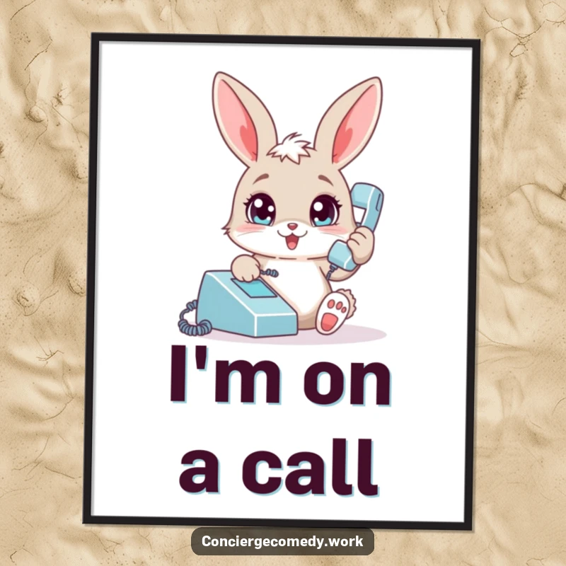 Funny bunny poster, playful rabbit answering phone with bright eyes, humorous wall art, unique funny gift.