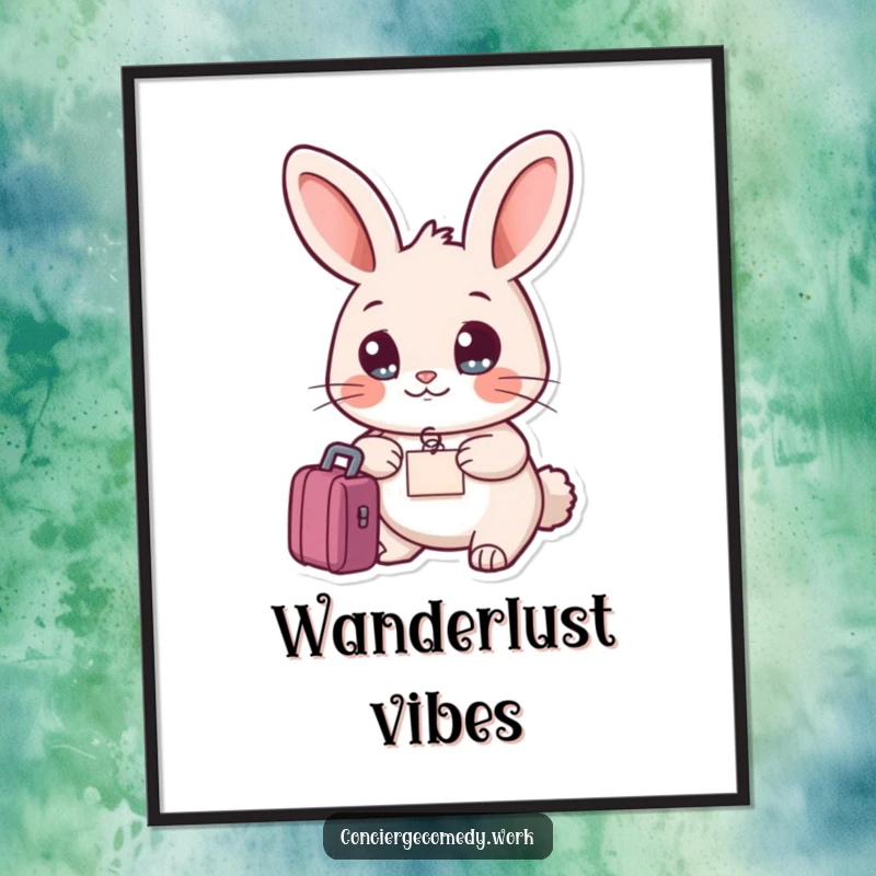 Funny friendly rabbit poster holding a luggage tag, bright eyes, adventurous and humorous art.