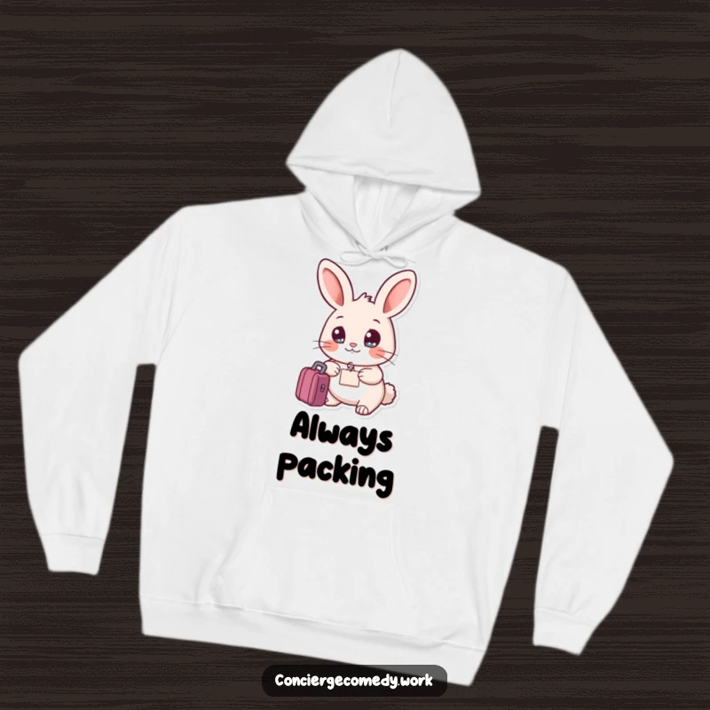 Funny friendly rabbit hoodie holding a luggage tag, bright eyes, cozy and adventurous apparel.