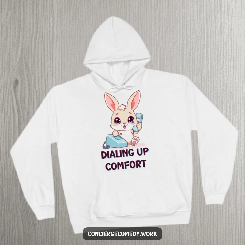 Funny bunny hoodie, soft and warm, with a playful rabbit answering a phone, great humorous gift.