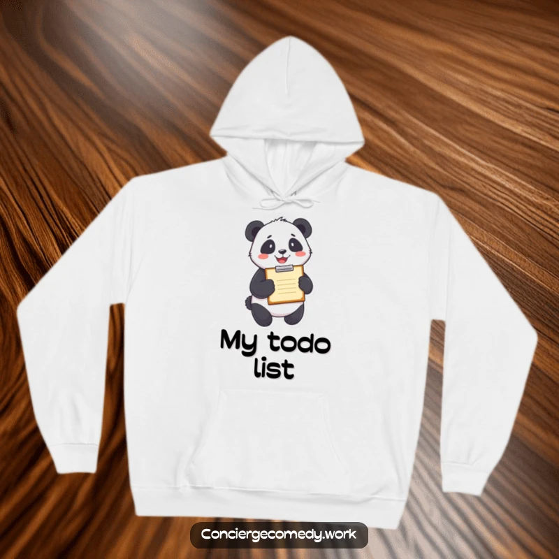 Funny panda holding a clipboard with a happy smile, featured on a warm and humorous hoodie.