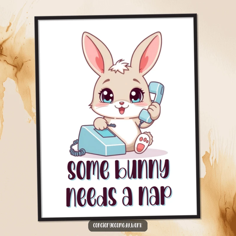 Funny Free Printable Wall Art: A playful bunny with bright eyes answers a vintage phone, bringing whimsical charm to your decor.