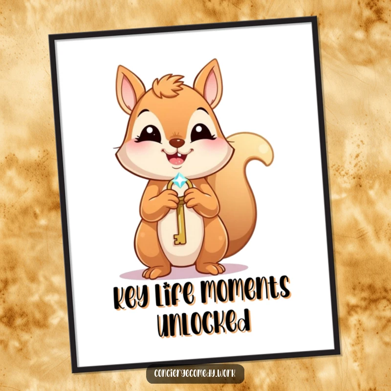 Funny Free Printable Wall Art: A joyful squirrel with an eager expression holds a tiny, sparkling key.