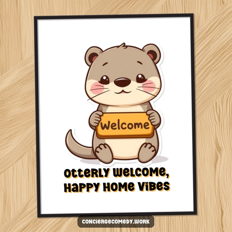 Funny Free Printable Wall Art: Playful otter with perky ears offers a tiny welcome mat, inviting.