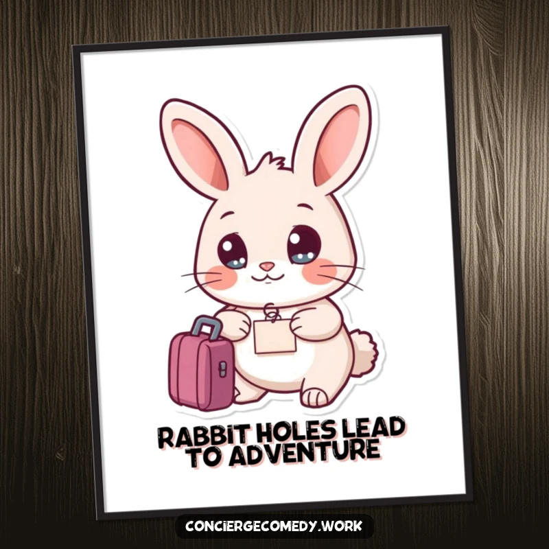 Funny Free Printable Wall Art: Friendly rabbit with bright eyes holding a small luggage tag.