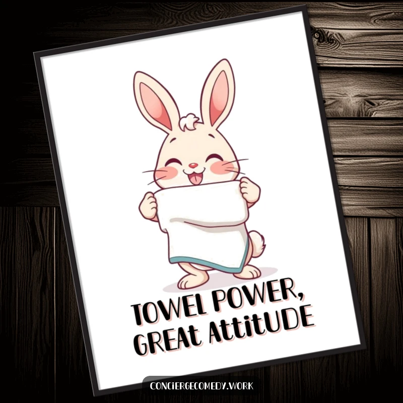 Funny Free Printable Wall Art: An energetic bunny with a friendly smile presents a neatly folded towel.