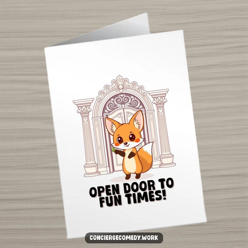 Funny Free Printable Birthday Card: Curious fox with wide eyes points towards a grand, ornate doorway.