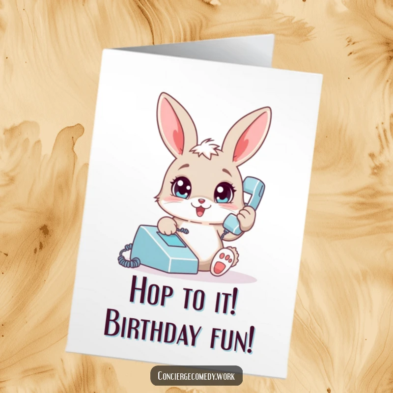 Funny Free Printable Birthday Card: A cute bunny with bright eyes answers a ringing phone, ready for birthday greetings.