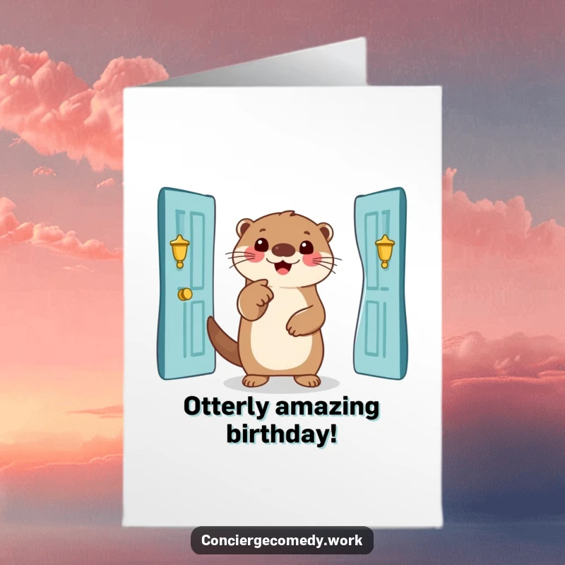 Funny Free Printable Birthday Card: A smiling otter gestures towards a grand, inviting entrance, welcoming guests to a party.