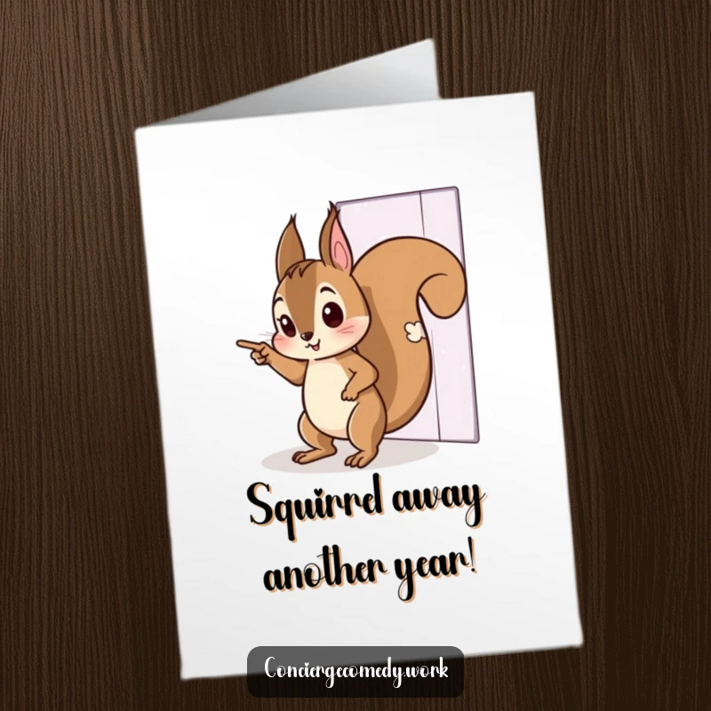Funny Free Printable Birthday Card: Curious squirrel tiptoeing, pointing to an invisible door of adventure.