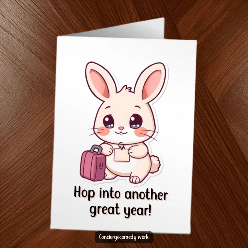 Funny Free Printable Birthday Card: Friendly rabbit with bright eyes holds a small luggage tag.