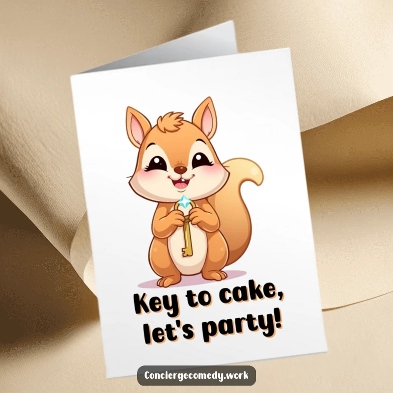 Funny Free Printable Birthday Card: Eager squirrel holding a tiny sparkling key, ready to unlock birthday fun.
