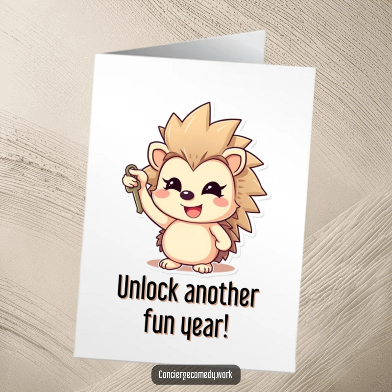 Funny Free Printable Birthday Card: Cheerful hedgehog with gleaming smile holds a small key aloft.